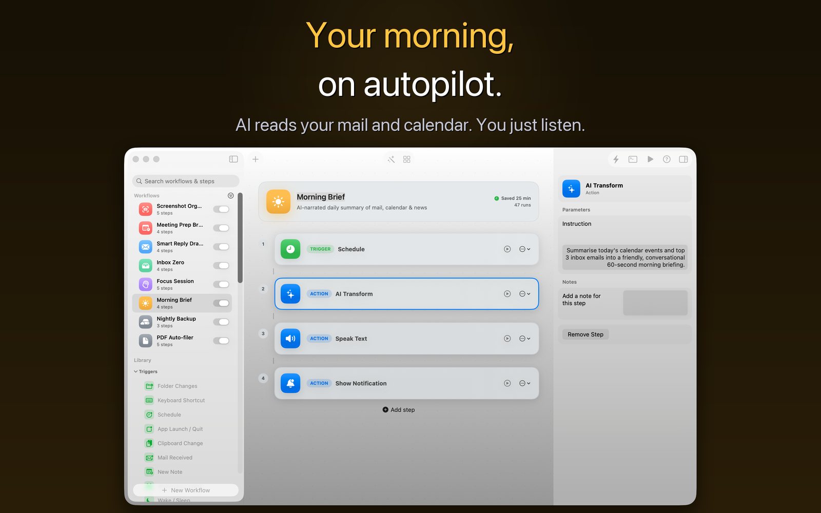 Relay Morning Brief marketing screenshot: your morning on autopilot