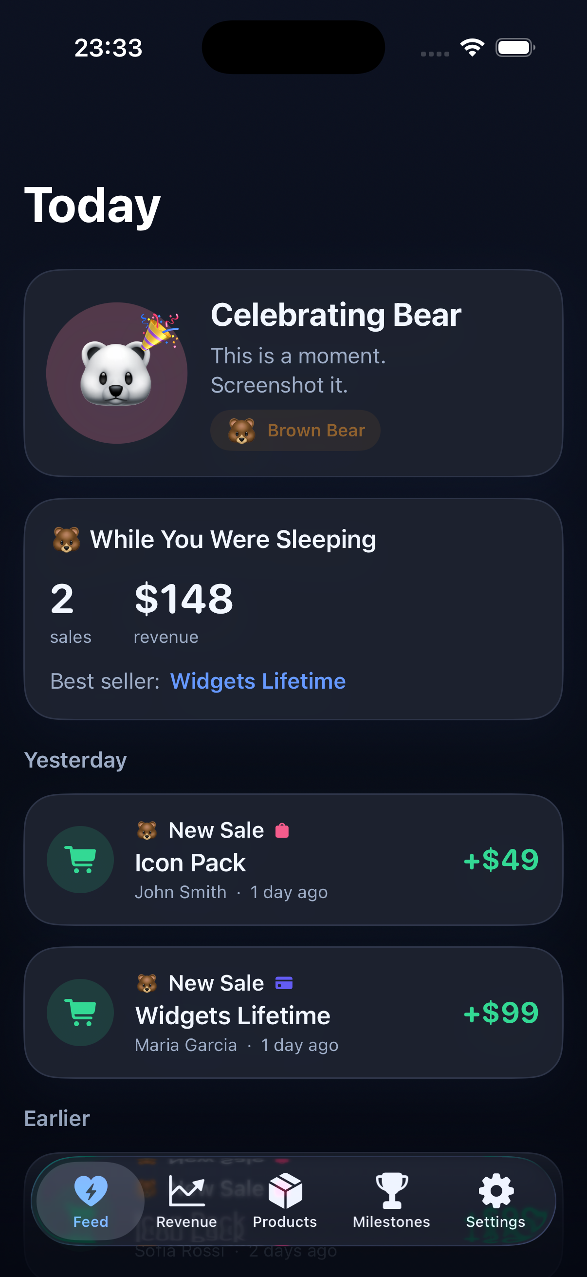 Revenue Bear sales feed on iPhone