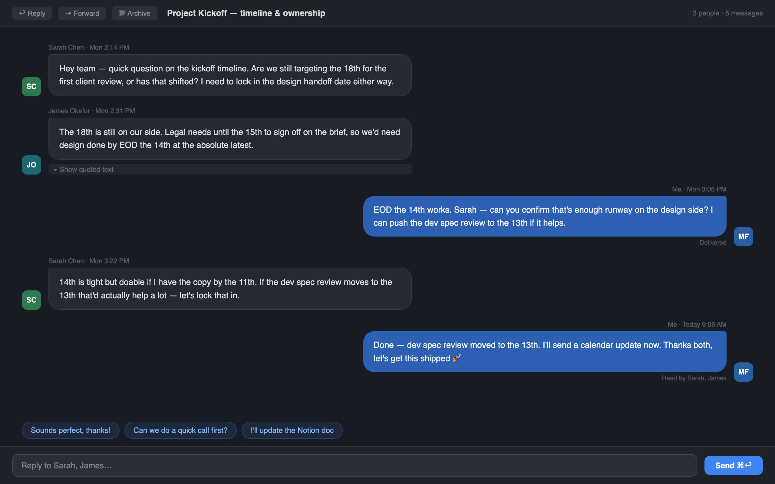 Suzume Mail showing an email thread as a clear chat-style conversation